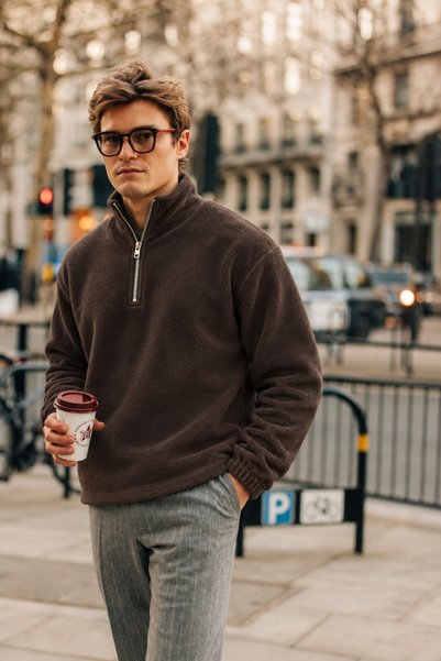 DAMGA JEANS Men's Winter half-zip dark brown fleece-lined pullover