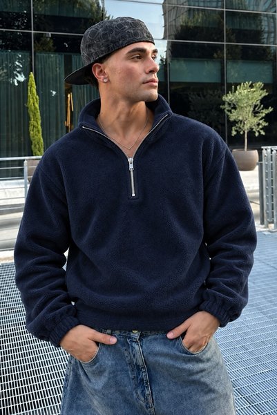 DAMGA JEANS Men’s Mock Neck Zip-Up Casual Navy Blue Fleece-Lined Jacket