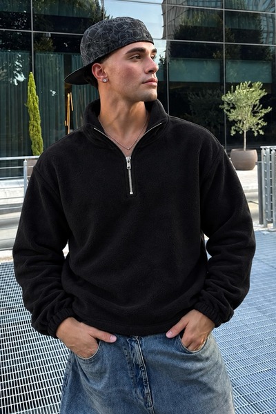 DAMGA JEANS Men’s Mock Neck Zip-Up Casual Black Fleece