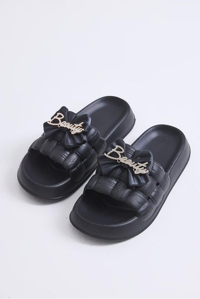 WeShaya Black Slippers with Thick Soles, Rhinestone-Embellished, Strappy, Kni...