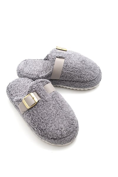WeShaya Gray-Buckled Plush House Slippers, Closed-Toe