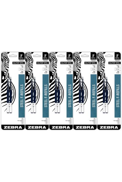 Zebra Pen عبوة من 10 عبوات حبر أزرق لقلم حبر جاف من الفولاذ المقاوم للصدأ، سل...