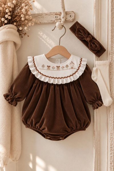 Tuğra Bebe Girl's Velvet Special Occasion Romper – Embroidered Ruffle Collar,...