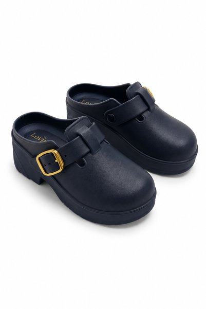 WeShaya Navy Blue Sabo Slippers with Gold Buckles, Platform Sole, Round Toe
