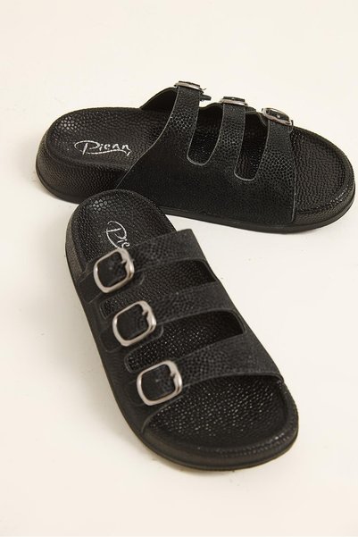 WeShaya Black Glittery Slippers, Adjustable, Buckled, Faux Leather