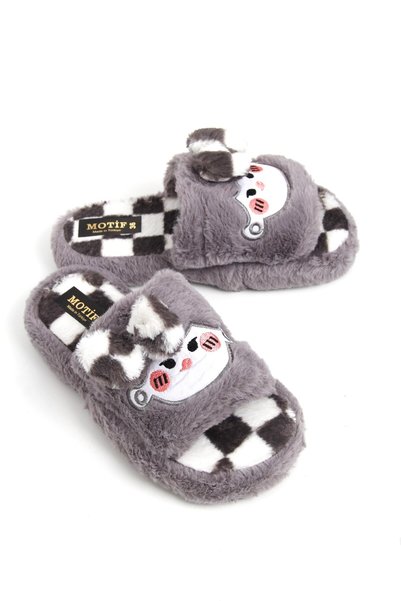 WeShaya Gray Plush Open-Toe Slippers, Embroidered