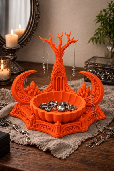 Belupa Gothic Tree and Crescent Moon-Shaped Jewelry Organizer: Ring Tray, Nec...