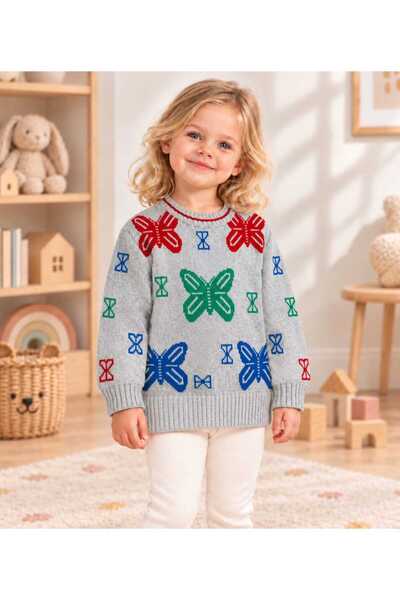 krm kerem bebe Girls' & Kids' Butterfly-Patterned Crew-Neck Stretch Knit Sweater