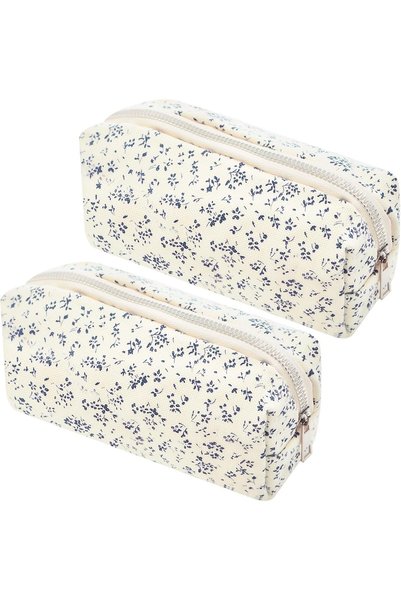 TERRIFI 2Pcs Small Floral Pencil Case - White Fabric Pencil Case with Blue Fl...