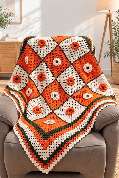 nftart.design Flowers - Hand-Knitted Armchair Throw, TV Blanket, and Lap Blanket