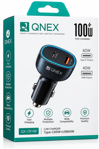 Generic شاحن سيارة سريع جدا بقوة 100 واط من كيو نيكس (QNEX)، منفذ مزدوج (60 و...