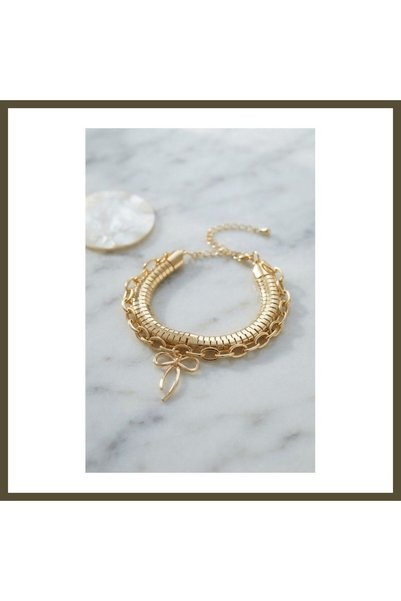 northcity n Gold-Toned Rice-Link Snake Chain Bracelet Set with Bow Detail for...