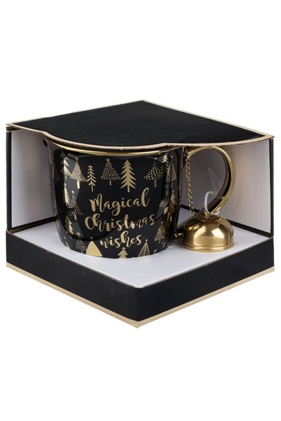 OEM New Bone Black Christmas Mug Set with Gold Handle Christmas Trees "Merry ...