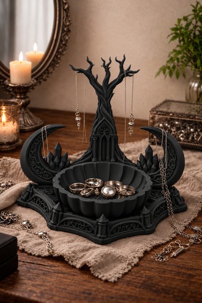 Belupa Gothic Tree and Crescent Moon-Shaped Jewelry Organizer: Ring Tray, Nec...
