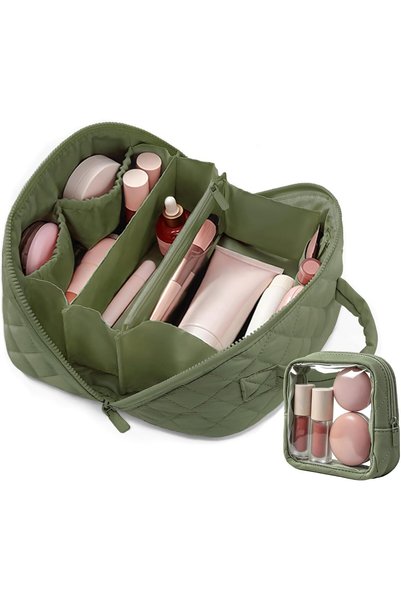 SZMDLX Puffy Makeup Bag for Travel - 180° Lay-Flat Large Cosmetic Bag with We...
