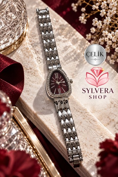 Sylvera Shop ساعة يد نسائية بتصميم "رأس الأفعى"، قرص باللون العنابي، وسلسلة ف...