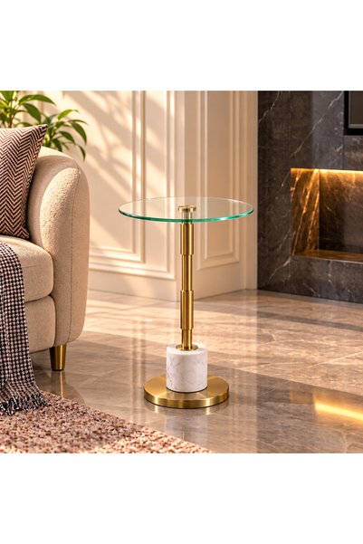DECORA طاولة خدمة دائرية سطح زجاج شفاف وقاعدة رخام أبيض هيكل معدني ذهبي 57×37 سم
