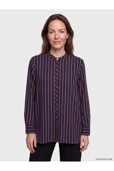 LC Waikiki Nevavm Farkıyla Lcw Grace Navy Blue Judge Collar Striped Women's S...