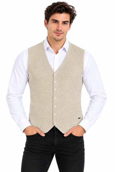Çizgi Triko Men's Classic Fit V-Neck Button-Down Brass-Knit Sweater Vest BGL-...