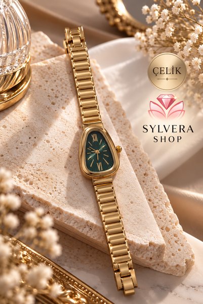 Sylvera Shop ساعة يد نسائية بتصميم "رأس الأفعى"، مينا خضراء، سوار مزين بخطوط،...