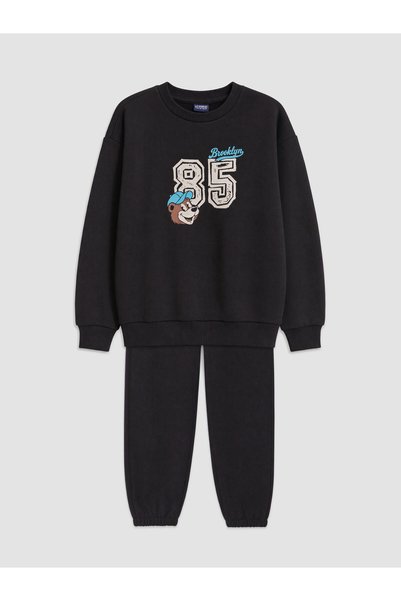 LC Waikiki Black-Printed Boys' Sweatsuit Set with the NEVAVM Touch