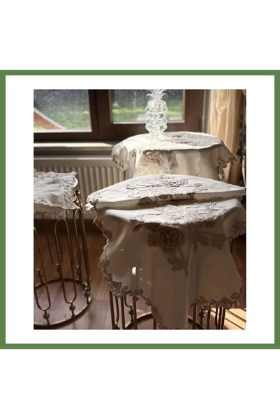 Hobibahçem Simella Model Cream-Beige 5-Piece Embroidered Tablecloth and Table...