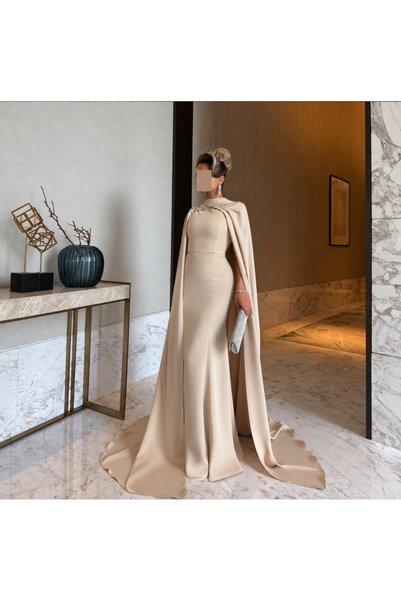 12 Champagne Beige Luxury Mermaid Evening Dress with Long Flowing Cape Royal ...