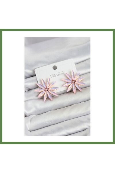 Hobibahçem Women's Lotus-Style Earrings with Pink Crystal Stones HB006