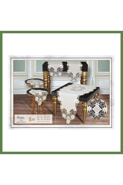 Hobibahçem Evita Model Cream-Cream 5-Piece Modal Linen Lace Living Room Set w...