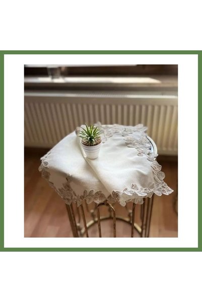 Hobibahçem Cream-Cappuccino Simella Model 5-Piece Embroidered Tablecloth and ...