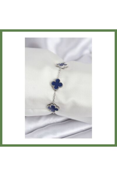 Hobibahçem 316L Stainless Steel Chain, Silver-Toned, Navy Blue Clover Women's...