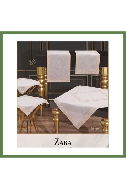 Hobibahçem Model: Beige Lace-Trimmed Linen Tablecloth Table Runner Set, 5-Pie...