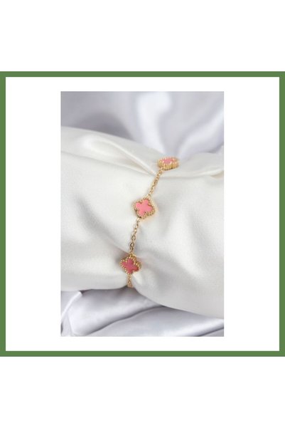 Hobibahçem 316L Steel Gold-Colored Pink Baby Boy Clover Women's Bracelet HB006