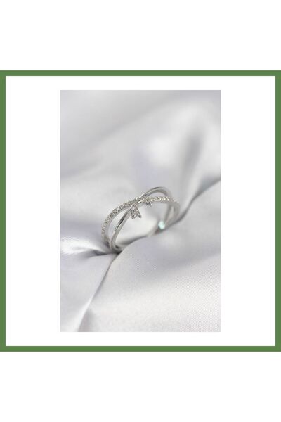 Hobibahçem Silver-Colored Zircon-Set Bow Detail Women's Ring HB006