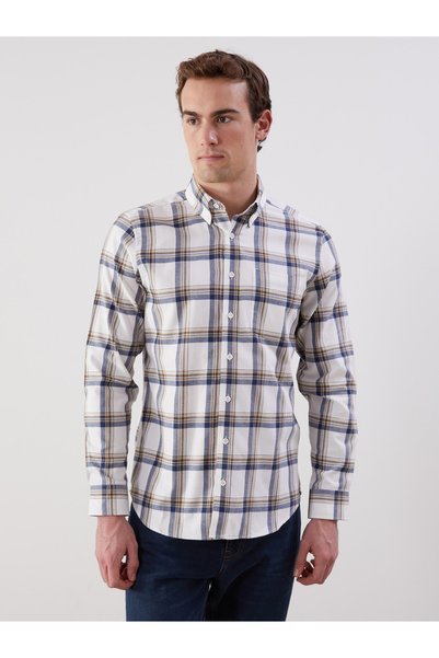 LC Waikiki LCWAIKIKI Classic Ecru Gabardine Plaid Standard & Regular Men's Sh...