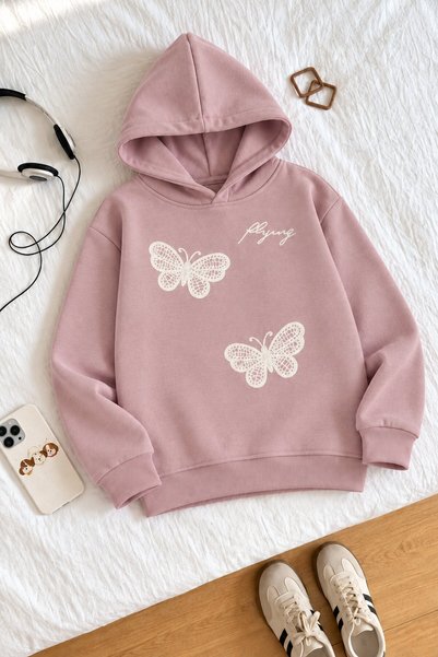 CansınMini Pink Girls' Hooded Sweatshirt with Butterfly Embroidery and Brushe...