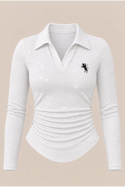 Gofeel Silvery Polo Collar Ribbed Premium Long Sleeve Blouse