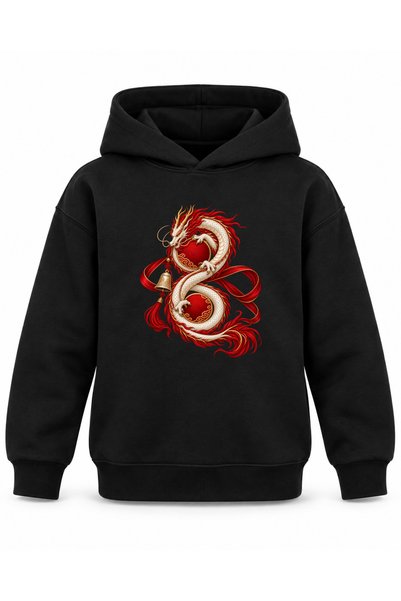 ROOSTER GOLD Black Kids' Hooded Sweatshirt with Dragon and Temple Bell Print