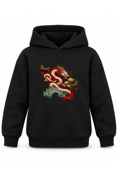 ROOSTER GOLD Black Kids' Hooded Sweatshirt with Dragon and Jade Bridge Print