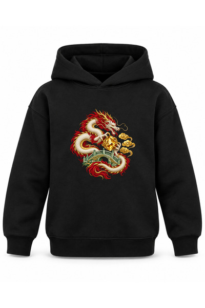 ROOSTER GOLD Black Kids' Hooded Sweatshirt with Dragon and Jade Bridge Print