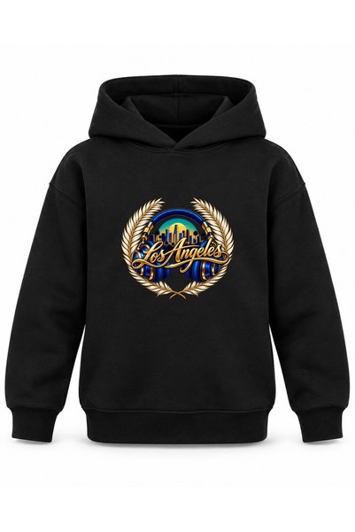 ROOSTER GOLD Los Angeles Headphones-Printed Black Kids' Hooded Sweatshirt