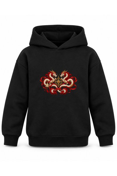 ROOSTER GOLD Black Kids' Hooded Sweatshirt with Dragon and Temple Bell Print