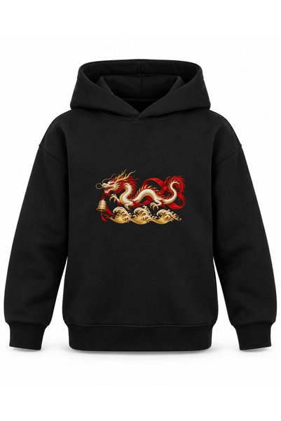 ROOSTER GOLD Black Kids' Hooded Sweatshirt with Dragon and Temple Bell Print