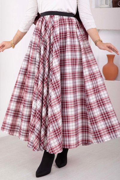 EBRUTESETTÜR Plaid Pattern Flared Skirt, Burgundy