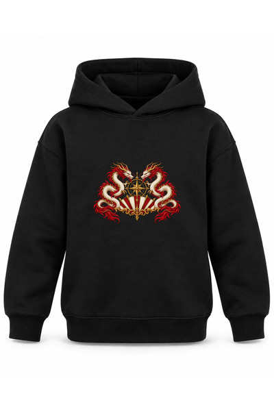 ROOSTER GOLD Black Kids' Hooded Sweatshirt with Dragon and Red Rays Print