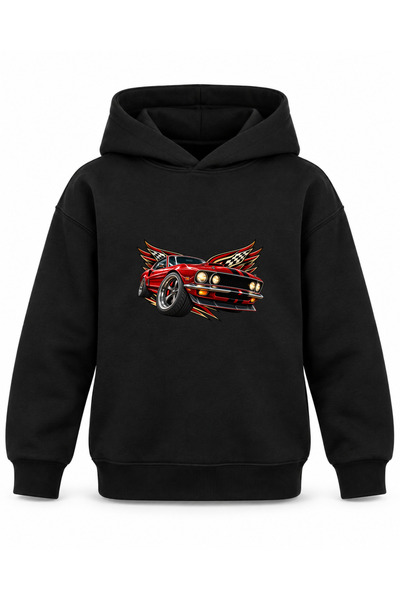 ROOSTER GOLD Black Children's Hooded Sweatshirt with Car Print