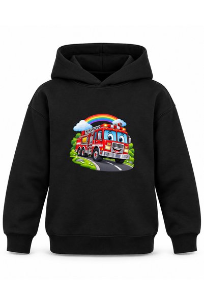 ROOSTER GOLD Fire Department-Printed Black Children's Hooded Sweatshirt