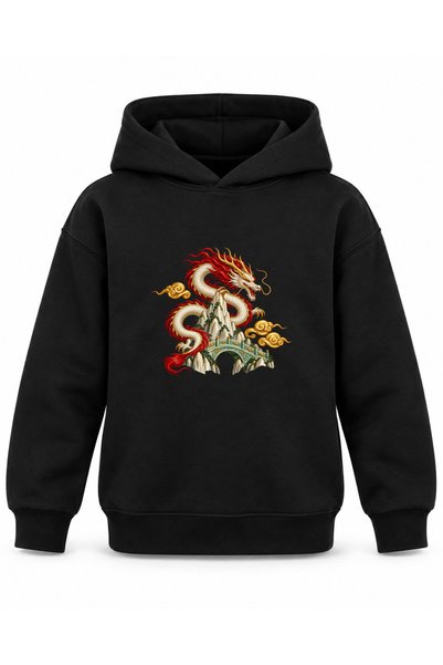 ROOSTER GOLD Black Kids' Hooded Sweatshirt with Dragon and Jade Bridge Print