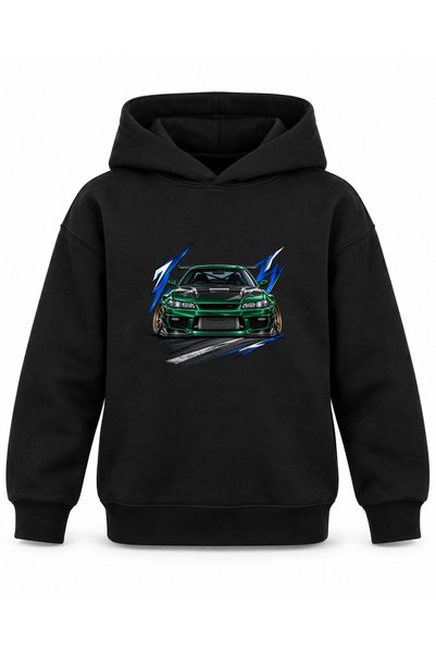 ROOSTER GOLD Black Children's Hooded Sweatshirt with Car Print