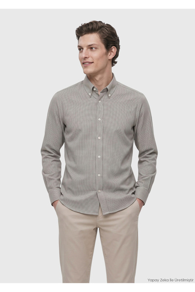 Ramsey Khaki Micro Casual Fit Long-Sleeved Woven Casual 100% Cotton Shirt